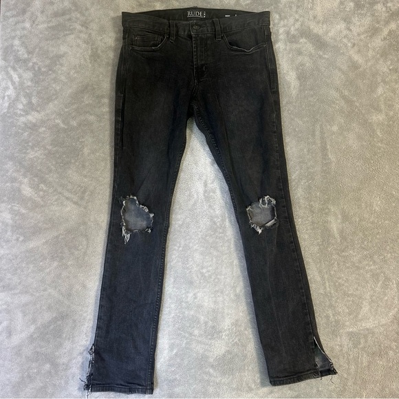 XXX Rude Jeans Mens 30x32 Black Super Skinny Stretch Ripped Denim Grunge - Picture 1 of 8